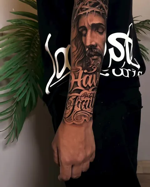 Antebraço com Jesus de coroa de espinhos e a frase Son, have faith em lettering.