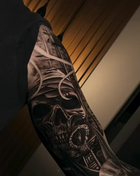 Braço completo com caveira e ornamentos em preto e cinza.