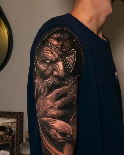 Braço fechado com Zeus de barba longa e olhar fechado, em preto e cinza.