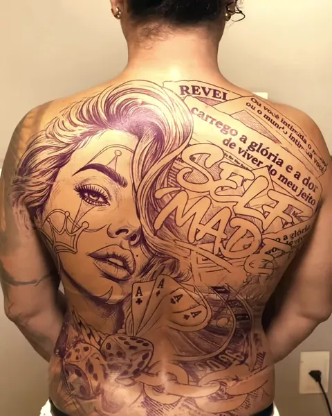 Costas inteiras com o decalque de um fechamento: rosto feminino, lettering Self Made e frases.