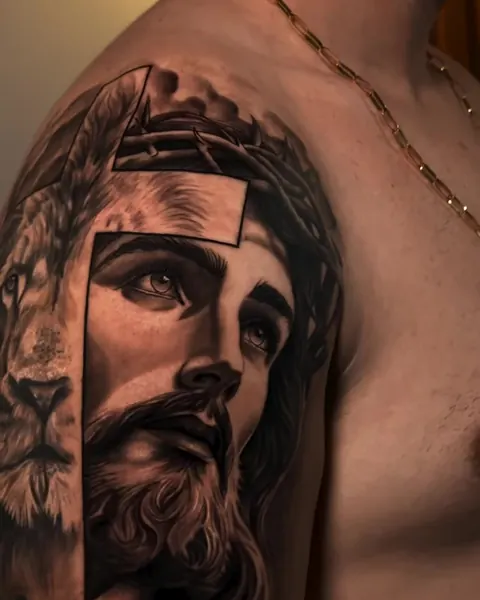 Ombro com rosto de Jesus recortado sobre a cara de um leão, em realismo.